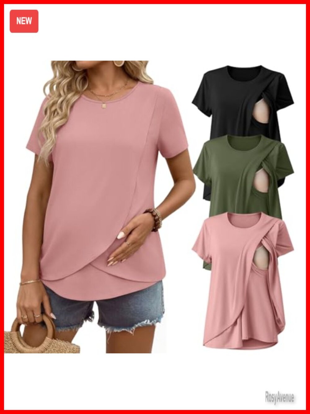 3 Pack Nursing Shirts Short Sleeve Breastfeeding Maternity Tees